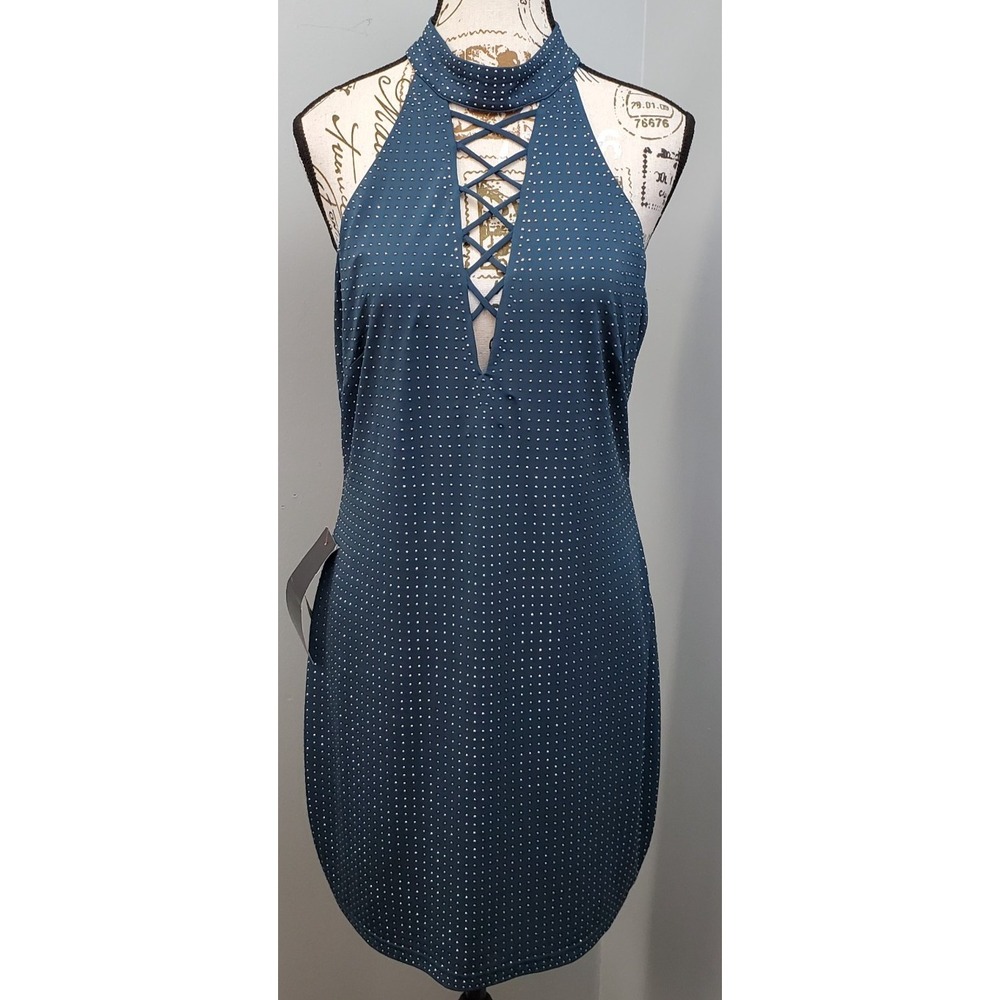 Bebe Cocktail Dress Womens L Green Studded Mock Neck Halter Criss Cross Front